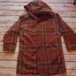The J Peterman Co Women's Reversible Wool Corduroy Coat Size Medium Plaid Maroon